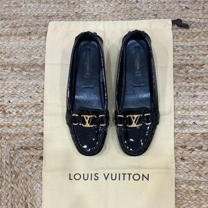 Louis Vuitton Black Patent Leather Loafers with Gold Accents